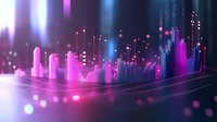 Futuristic cityscape visualization with glowing pink and blue neon columns rising from reflective surface, creating dynamic audio wave pattern effect. Digital art for business.