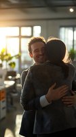 Young Caucasian business professionals sharing warm embrace in sunlit modern office space, expressing joy and connection during workplace interaction. Genuine emotions captured.