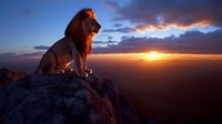Majestic lion sitting on rocky cliff edge during golden sunset with dramatic sky and mountain landscape background for wildlife and nature themes.
