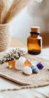 Healing crystals and amber bottle on natural linen with dried flowers, creating serene wellness atmosphere for alternative medicine and spiritual practices.