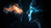 Mystical profile portraits of man and woman faces in fire and ice particles effect, facing each other against dark background, representing duality concept.
