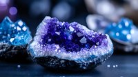 Purple amethyst crystal geode with sparkling faceted gems surrounded by blue mineral specimens on dark surface for healing and meditation practices.