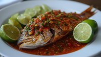 Grilled whole fish with spicy red sauce, lime wedges and lettuce garnish on white plate. Traditional Latin American seafood dish ready for restaurant menu.