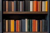 Books arranged on wooden shelves in library showing colorful spines in orange, brown, gray and green tones creating minimalist composition for reading concept.