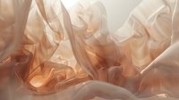 Ethereal flowing fabric in soft peach and cream tones creates abstract waves and folds, capturing light and shadow in gentle gradients. Artistic background.