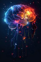 Glowing human brain with blue and orange light effects against cosmic background, illustrating neural activity and consciousness.