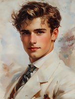Young man with wavy brown hair wearing white suit jacket and patterned tie against soft painterly background, artistic portrait in warm tones and classic style.