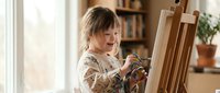 Young blonde girl artist painting on wooden easel in bright home studio with natural light and bookshelves creating colorful artwork with paintbrush.