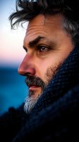 Profile portrait of mature bearded man with gray hair wrapped in warm scarf against sunset sky and ocean background, dramatic side lighting creates mood.