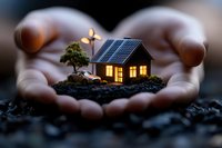 Glowing miniature house with solar panels and tiny tree held in cupped hands, illuminated windows creating warm atmosphere against dark background. For real estate concepts.