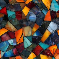Colorful stained glass mosaic pattern in orange, turquoise, red and blue tones creating abstract geometric shapes with dark outlines. Seamless repeat design.