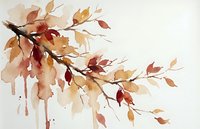 Watercolor autumn branch with falling leaves in warm orange, red and brown tones. Artistic seasonal nature illustration for fall decor and design projects.
