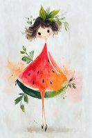 Sweet girl character wearing watermelon dress with green leaves in hair, watercolor style illustration on light background. For children's design and summer themes.