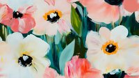 Expressive floral artwork featuring coral pink and white poppies with dark centers against turquoise background, painted in loose brushstrokes with modern abstract style.