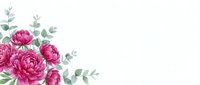 Vibrant pink peonies and roses with eucalyptus foliage arranged in corner composition on white background, suitable for wedding invitations and greeting cards.