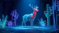 Neon glowing deer silhouette in futuristic digital landscape with geometric plants and abstract architecture on dark blue background.