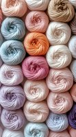 Soft pastel colored yarn balls arranged in rows showcasing gentle pink, blue, peach and cream tones. Twisted cotton threads create spiral patterns in each skein.