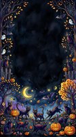 Spooky night frame with black cats, jack-o-lanterns, ghosts, and autumn leaves surrounding dark center space. Perfect for Halloween invitations, greeting cards, and seasonal social media posts.
