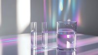 Laboratory glassware with clear liquid and purple light effects on reflective surface, scientific research concept with modern aesthetic and soft bokeh background.