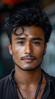 Close-up portrait of a young Asian man with messy black hair and traditional bindi mark, showing natural skin texture and gentle expression. Perfect for diversity and cultural representation.