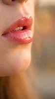 Close-up of woman's glossy coral lips with natural lighting showcasing smooth skin texture and subtle makeup for beauty and skincare concepts.