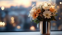 Fresh autumn flower bouquet with white and orange chrysanthemums in copper vase against blurred city lights background for home decor and seasonal arrangements.