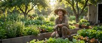 Smiling middle-aged Asian woman in straw hat resting among lush raised garden beds filled with fresh vegetables in golden sunlight.