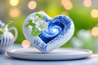 Heart-shaped ceramic ornament with spiral galaxy design and white flowers on plate against blurred bokeh background, combining cosmic and floral elements.