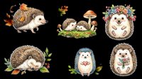 Cute watercolor hedgehog clipart set with six poses, isolated on transparent background, ready for stickers, t-shirt design, print on demand, and sublimation projects.