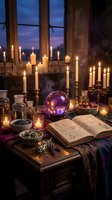 Mystical altar setup with glowing crystal ball, lit candles in candlesticks, open grimoire book, dried herbs, and gothic window backdrop at twilight for spiritual and occult themed projects.