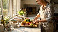 Young woman preparing fresh vegetables on wooden cutting board in bright modern kitchen with natural sunlight streaming through windows.