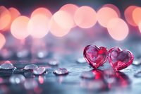 Two pink crystal hearts on reflective surface with romantic bokeh lights background for Valentine's Day love celebration and wedding decoration concepts.