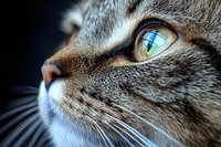 Close-up macro shot of gray tabby cat face with striking bright green eye, long whiskers and detailed fur texture against dark background. Perfect for pet themes.