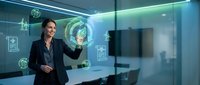 Professional businesswoman interacting with futuristic holographic interface displaying digital data and virtual elements in modern office environment.
