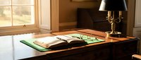 Warm sunlight illuminates open book on wooden desk with brass candlestick lamp in cozy study room interior for reading and learning atmosphere.