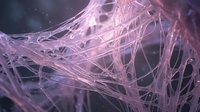 Abstract pink fiber network with flowing strands and particles creating dynamic texture for modern digital art and scientific visualization backgrounds.