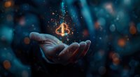 Magical glowing cloud symbol floating above open palm against dark background with bokeh lights and sparkles, concept of digital storage technology.