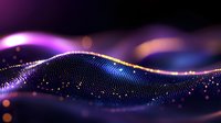 Glowing digital wave of connected particles flowing on dark background with purple and blue light effects creating futuristic technology pattern.