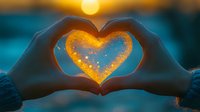 Hands forming heart shape against sunset, capturing golden sunlight with magical sparkles inside the heart gesture at twilight.