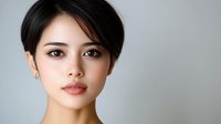 Young Asian woman with short dark hair and natural makeup looking at camera against neutral background for beauty and lifestyle concepts.