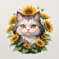 Adorable gray and white cat portrait surrounded by bright yellow sunflowers and green leaves, featuring rosy cheeks and golden eyes on light background.