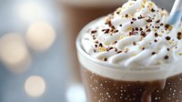 Creamy whipped topping swirls over chocolate drink with sprinkles and decorative garnish, close-up view against soft bokeh background. Refreshing beverage photography.