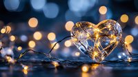 Glowing fairy lights wrapped around crystal heart shape with soft bokeh background creating romantic atmosphere, suitable for Valentine's Day or wedding designs.