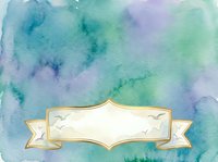 Watercolor gradient background in soft teal, purple, and green tones with decorative gold-trimmed banner and ribbon. Suitable for invitations, greeting cards, and design projects.