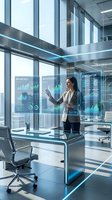 Professional businesswoman interacting with holographic data displays in modern glass office with city view for corporate technology presentations.