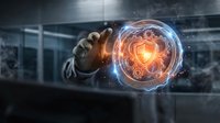 Robotic hand touching glowing energy sphere with orange and blue light effects in modern tech environment for innovation and technology concepts.