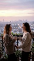 Two women with long brown hair, Caucasian ethnicity, wearing beige ribbed sweaters, holding mugs while conversing on a rooftop terrace at sunset with a blurred cityscape and bokeh lights in the background. Use for lifestyle, friendship, and urban living concepts.