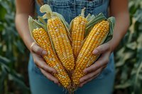 Fresh yellow corn cobs with green leaves held in hands against denim background, closeup view of harvested sweet corn from farm field.