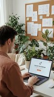 Young Caucasian man working on laptop with startup launch website at home office desk with cork board and green plants.