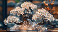 Crystal tree with glowing orange and white blossoms on twisted branches, illuminated from below on clear quartz base creating magical atmosphere.